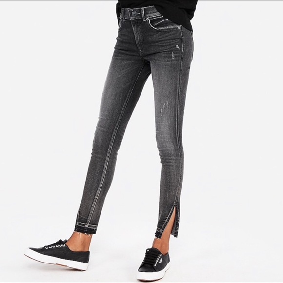 EXPRESS HIGH RISE DENIM PERFECT ANKLE JEAN LEGGINGS, Distressed gray | Sz 2L - Picture 2 of 12